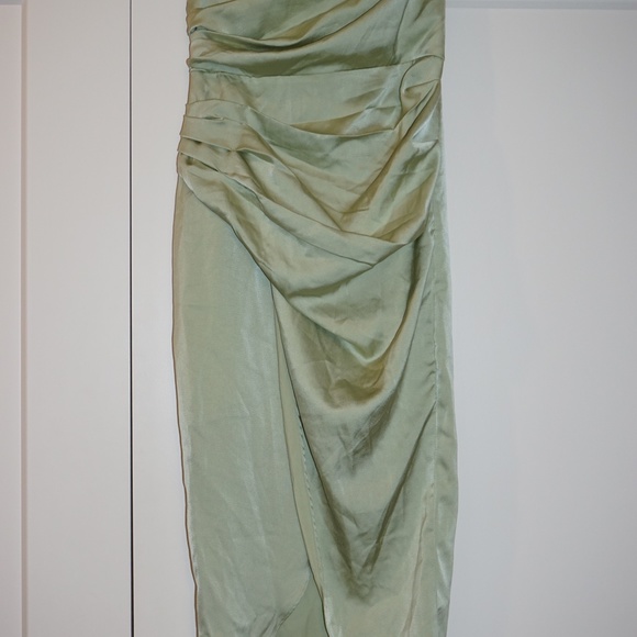 Do+Be Sweetheart Neck Strapless Wrap Satin Midi Dress Size S Green Ruched Prom - Picture 2 of 5
